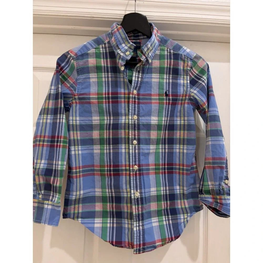 Ralph Lauren Boys Plaid Button-Down Shirt Blue Green Long Sleeve M (10-12) Logo
